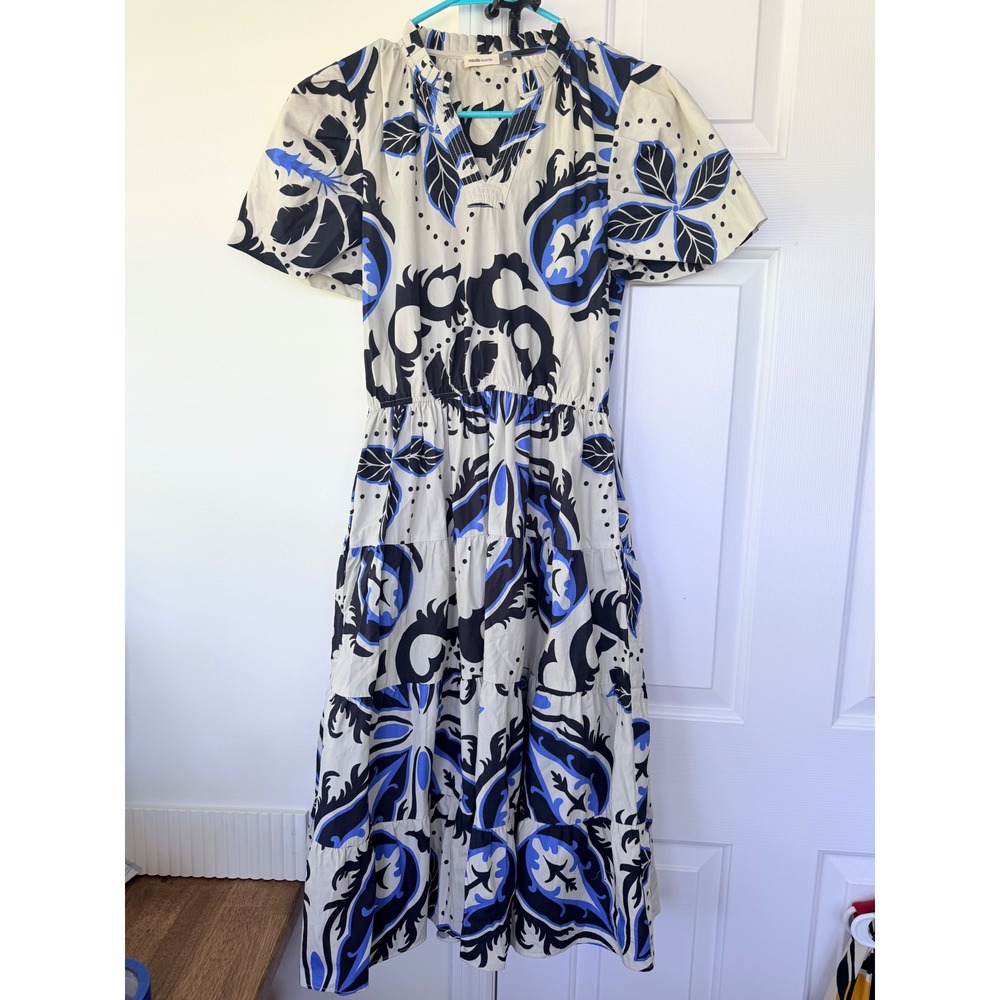 Maude Vivante Blue Black Floral Tiered Midi Dress Short Sleeve Pockets Size M